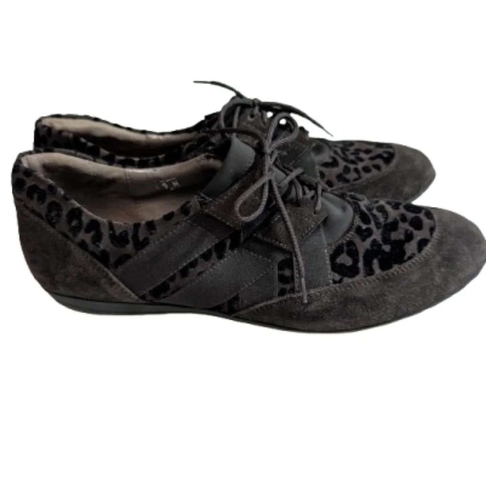 Sesto Meucci Italy Womens 9M Leopard Print Suede‎ Lace Up Sneakers Oxford Flats